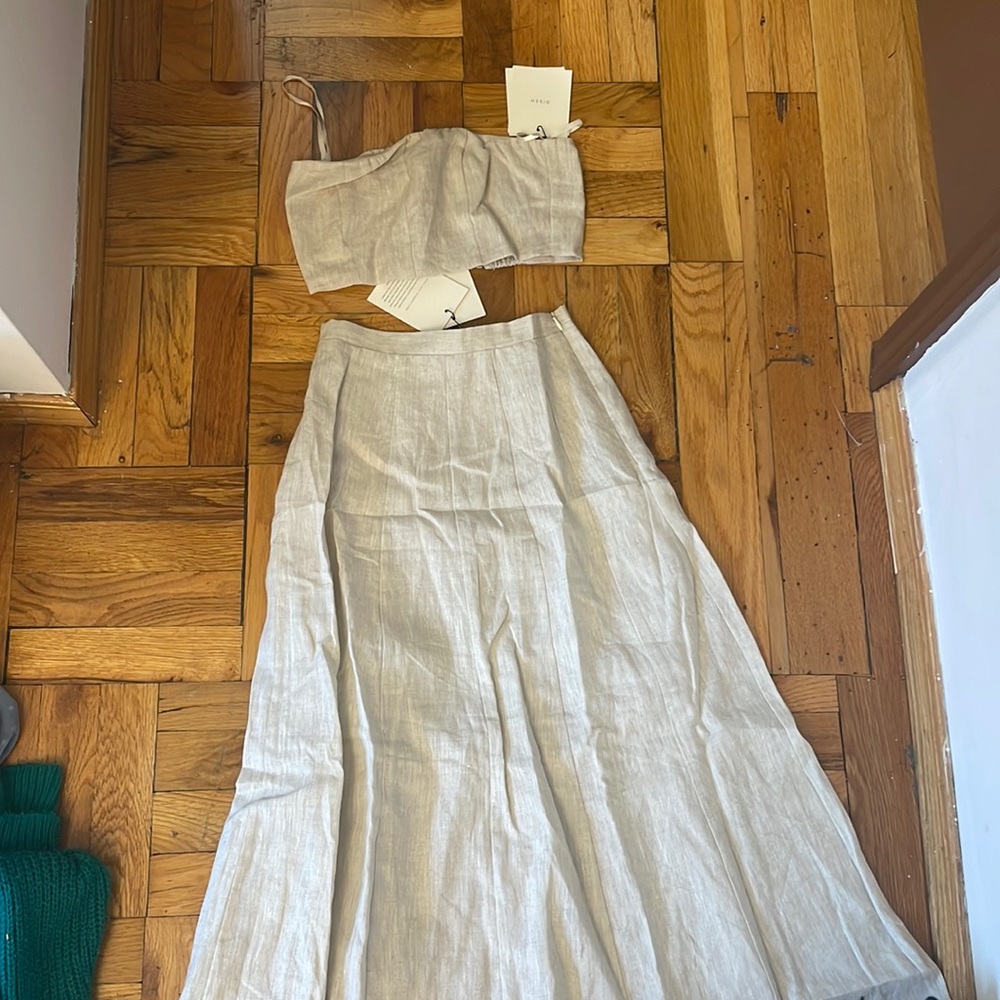 DISSH natural linen strapless crop top + panel skirt